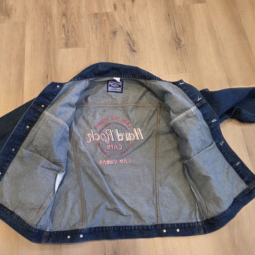 Vintage 90s Mens Lg Hard Rock Cafe Las Vegas Embroidered Denim Trucker Jacket - Picture 6 of 10
